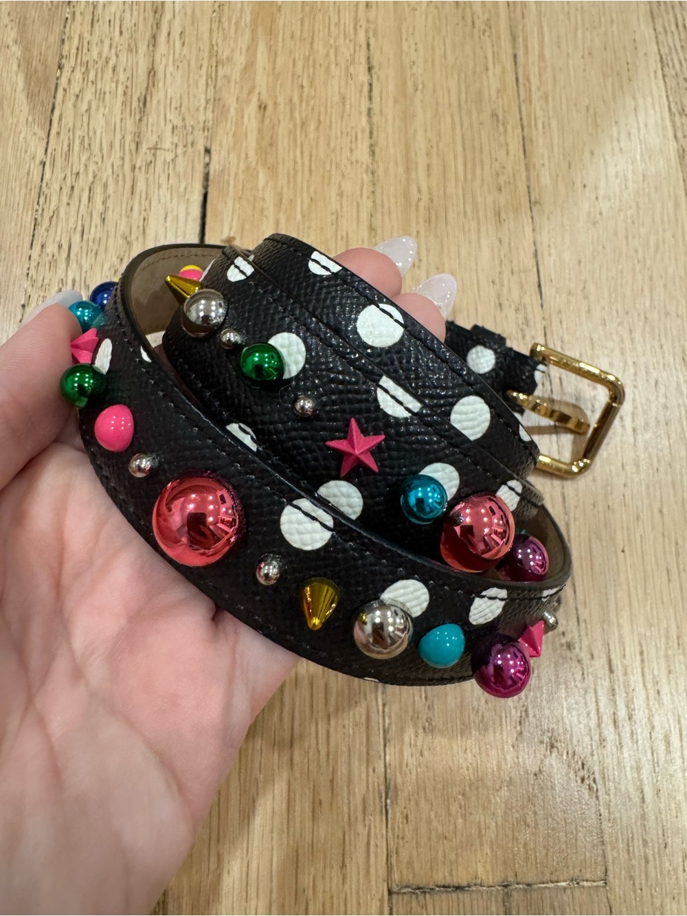 Dolce and Gabanna Black Polka Dot Studded Leather Belt with Colorful Studs